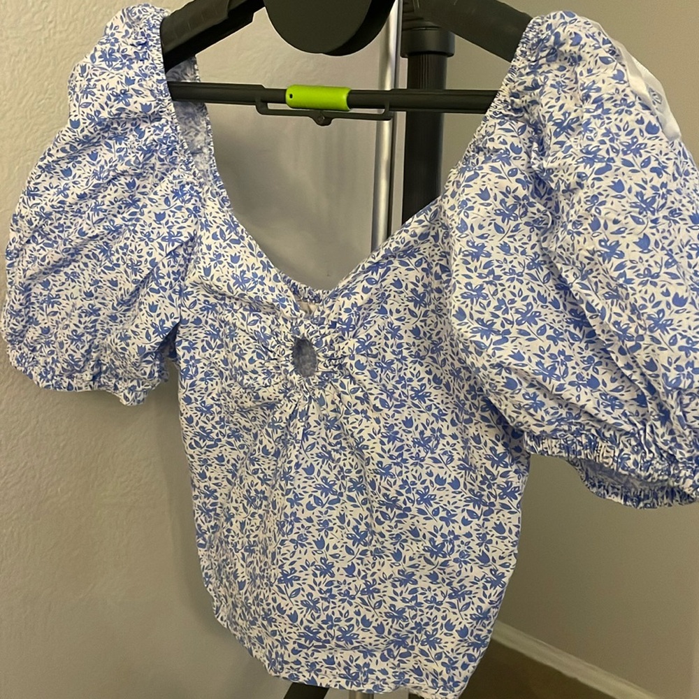 White and blue puff sleeve blouse.
